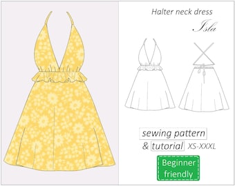 Halter Neck Ruffle Mini Dress Sewing Pattern, Y2K Mini Dress Sewing Pattern,  Low Back Dress Pattern, Halter Dress PDF Pattern XS to XL - Etsy