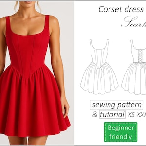 Patrón de vestido corsé Scarlett, patrón de costura en PDF para vestido de graduación, patrón de minivestido de verano para mujer - descarga instantánea, tallas XS a XXXL