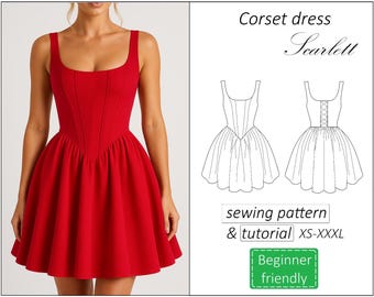 Wzór sukienki gorsetowej Scarlett, wzór szycia sukienki na bal maturalny w formacie PDF, wzór mini sukienki letniej dla kobiet - natychmiastowe pobranie, XS - XXXL