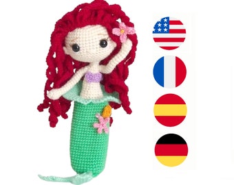 Amigurumi doll pattern mermaid princess crochet doll pattern PDF  - Emglish, French, Spanish, German