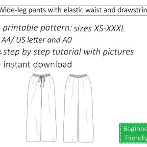 May include: Line drawing of wide-leg pants with an elastic waist and drawstring. The image includes text that reads "printable pattern: sizes XS-XXXL" and "instant download". A green rectangle with the words "Beginner friendly" is in the bottom right corner.