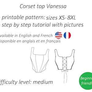 Patron de haut corset Vanessa, patron PDF de corset, patron de couture bustier crop top téléchargement immédiat, tailles XS 8XL English, Français image 2