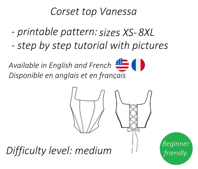 Patron de haut corset Vanessa, patron PDF de corset, patron de couture bustier crop top téléchargement immédiat, tailles XS 8XL English, Français image 2