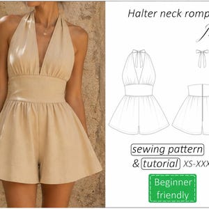Schnittmuster Judy, rückenfreier Neckholder-Strampler Schnittmuster, Sommer Schlaghose Shorts Schnittmuster für Damen - PDF-Download, XS - XXXL