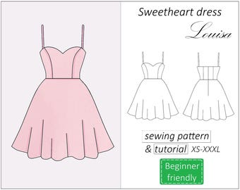 Sweetheart neckline dress pattern Louisa, summer mini dress sewing pattern PDF dress, prom dress pattern - instant download, sizes XS - XXXL