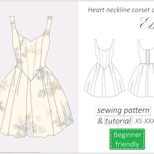 Corset dress pattern Elsa, prom heart neackline dress sewing pattern, sweetheart mini summer dress pattern for women PDF download, XS - XXXL