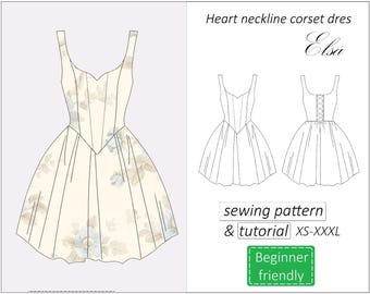 Patroon korsetjurk Elsa, baljurk hart halslijn naaipatroon, sweetheart mini zomerjurkpatroon voor vrouwen pdf-download, XS - XXXL