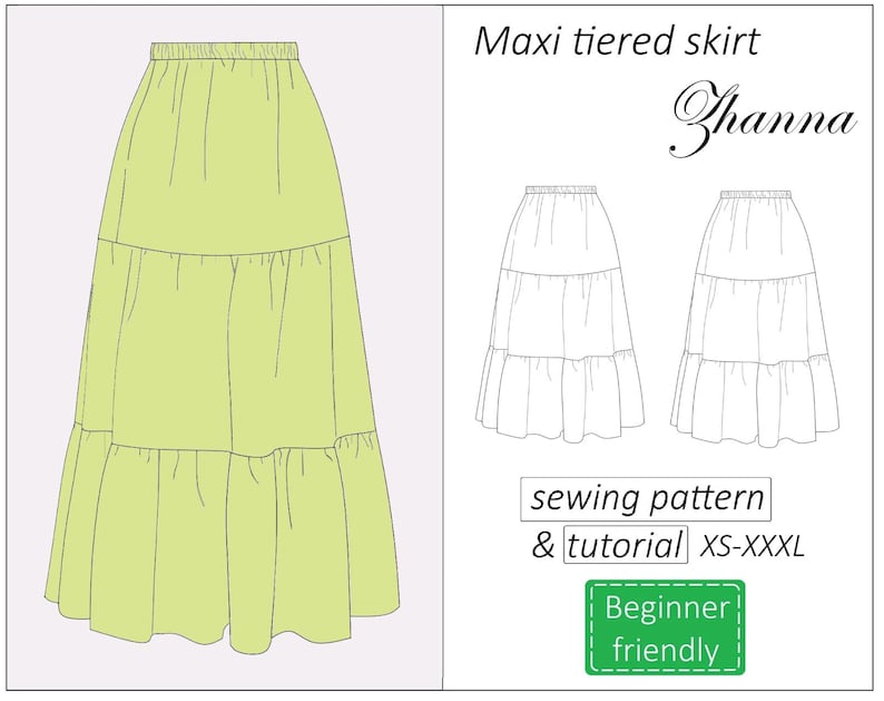 May include: A sewing pattern and tutorial for a maxi tiered skirt called "Zhanna". The pattern is for sizes XS-XXXL and is beginner friendly.