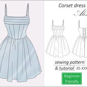 Patrón de vestido con corsé Alexa, patrón de costura para vestido de graduación, patrón de minivestido de verano para mujer - Descarga PDF, tallas XS a XXXL