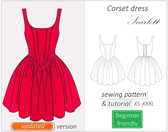 Updated Corset dress pattern Scarlett, graduation prom dress sewing pattern, mini summer dress pattern for women - PDF download, XS - XXXL