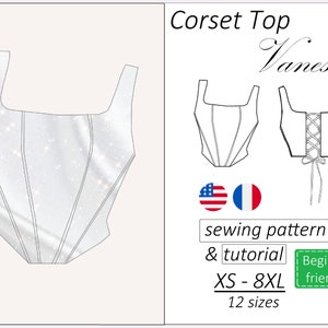 Corset top pattern Vanessa, corset pattern PDF, crop top bustier sewing pattern - instant download, sizes XS - 8XL (English, Français)