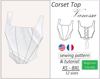 Wzór na gorset Vanessa, wzór na gorset PDF, wzór na gorset crop top - natychmiastowe pobranie, rozmiary XS - 8XL (angielski, francuski)