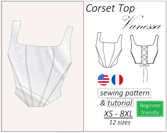 Corset top pattern Vanessa, corset pattern PDF, crop top bustier sewing pattern - instant download, sizes XS - 8XL (English, Français)