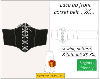 Corset pattern Kim, corset belt pattern PDF, front lace corset sewing pattern - instant download, sizes XS - XXL