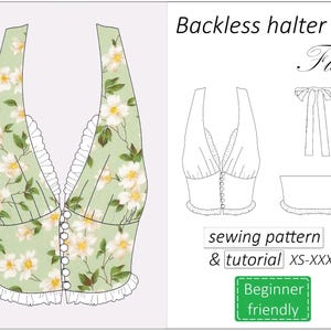 May include: A backless halter top sewing pattern with a floral print in green and white. The pattern includes a tutorial and is beginner-friendly, with sizes from XS to XXXL. The design is called "Flora".