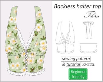 May include: A backless halter top sewing pattern with a floral print in shades of green and white. The pattern includes a tutorial and is beginner-friendly, with sizes ranging from XS to XXXL. The design is called "Flora".
