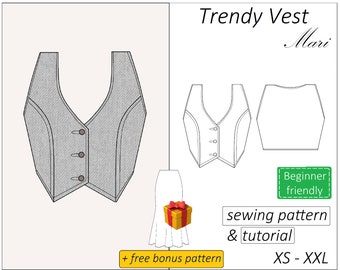 Vest sewing pattern Mari, cropped waistcoat pattern PDF short, button front tank top crop top pattern - instant download, sizes XS - XXL