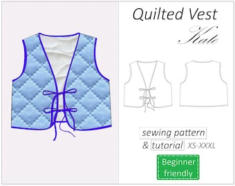 Vest sewing pattern Kate, vest pattern PDF, quilted vest for women pattern patchwork, fron tie top pattern, instant download sizes XS - XXL