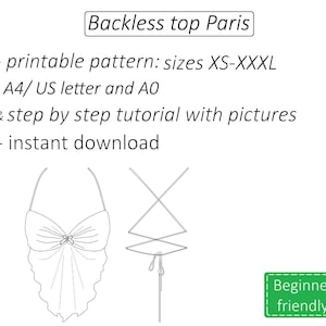 以下が含まれることがあります： 「Backless top Paris」と書かれた、背中の開いたトップのデザインの線画。 デザインには、リボン付きのホルターネックトップと、クロスバックが含まれています。 テキストは、XS-XXXLサイズの印刷可能なパターンであり、初心者向けであることを示しています。