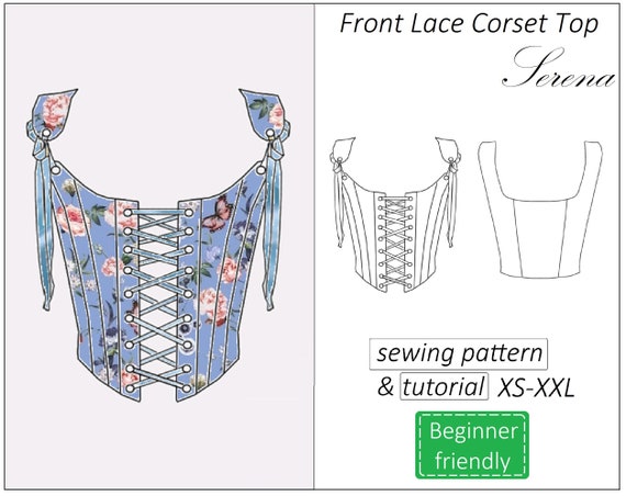 Corset top pattern Serena, front lace corset pattern PDF, crop top bustier sewing pattern - instant download, sizes XS - XXL