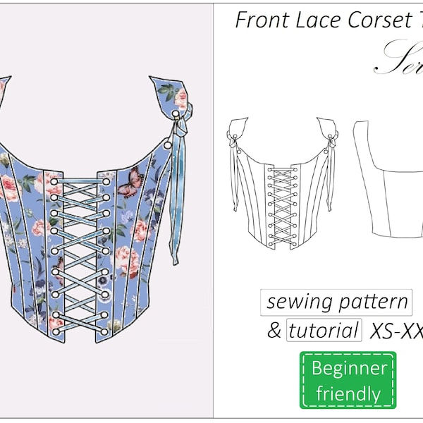 Corset top pattern Serena, front lace corset pattern PDF, crop top bustier sewing pattern - instant download, sizes XS - XXL