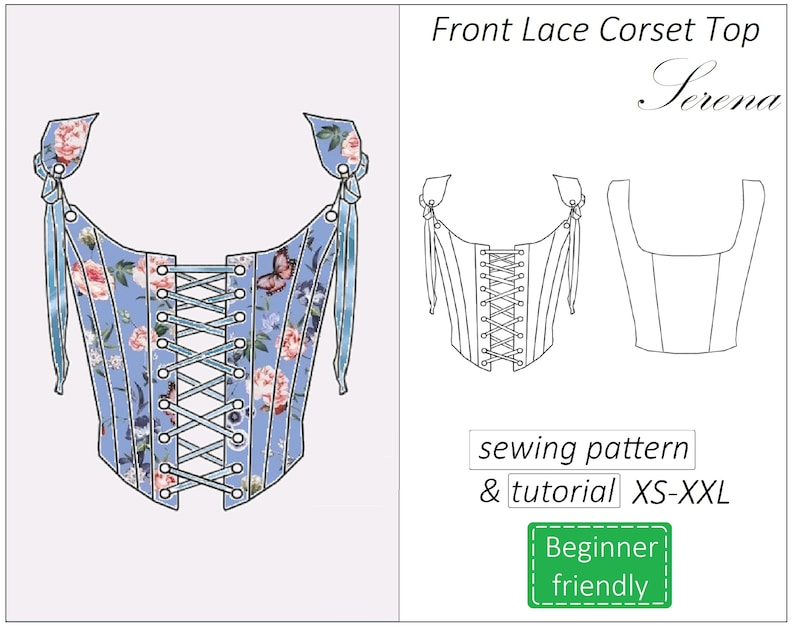 Corset top patroon Serena, front lace korset patroon PDF, crop top bustier naaipatroon direct downloaden, maten XS XXL afbeelding 1