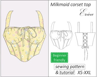 Corset top pattern Erica, milkmaid corset pattern PDF, crop top bustier sewing pattern - instant download, sizes XS - XXL