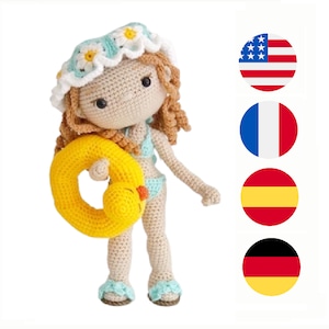 Crochet doll pattern Nicole in bikini, amigurumi doll pattern PDF with clothes, beach outfit Sea of Joy (English, Frencj, Spanish, German)