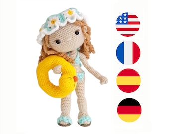 Crochet doll pattern Nicole in bikini, amigurumi doll pattern PDF with clothes, beach outfit Sea of Joy (English, Frencj, Spanish, German)