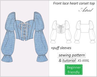 Modello per corsetto Astrid, modello PDF per corsetto con scollo a cuore in pizzo frontale con maniche, modello da cucire per bustino corto - download immediato, XS -XXXL