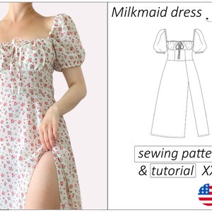 Dress pattern, milkmaid dress sewing pattern PDF puff sleeves cottage core dress pattern women sewing patterns - instant download (Eng, Fr)