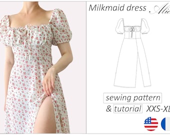 Dress pattern, milkmaid dress sewing pattern PDF puff sleeves cottage core dress pattern women sewing patterns - instant download (Eng, Fr)