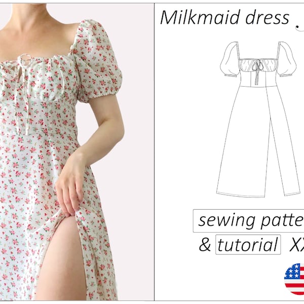 Dress pattern, milkmaid dress sewing pattern PDF puff sleeves cottage core dress pattern women sewing patterns - instant download (Eng, Fr)