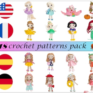 May include: A set of 18 crochet doll patterns. The patterns are for dolls of different characters, including princesses, fairies, and animals. The patterns are available in English, French, German, Spanish, Italian, Polish, Portuguese, and Japanese. The patterns are available for download as a PDF file.