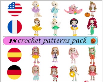 18 big crochet doll patterns pack, princesses amigurumi patterns PDF, amigurumi doll pattern (English, Française, Español, Deutsch)