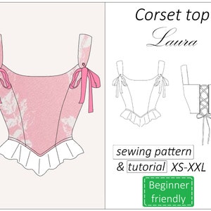 Corset top pattern Laura, trendy corset pattern PDF front lace, crop top bustier sewing pattern - instant download, sizes XS - XXL