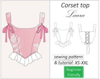 Corset top pattern Laura, trendy corset pattern PDF front lace, crop top bustier sewing pattern - instant download, sizes XS - XXL