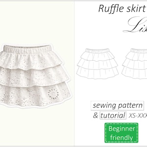 May include: White ruffle skirt with eyelet detailing and a floral design. The image also includes a sewing pattern and tutorial for sizes XS-XXXL. The text on the image says "Ruffle skirt Lisa" and "Beginner friendly".