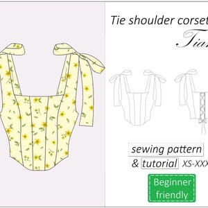 Corset top pattern Tiana, tie shoulder back lace corset pattern PDF, summer crop top bustier sewing pattern - instant download, XS - XXXL