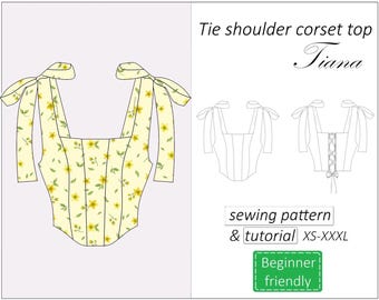 Corset top pattern Tiana, tie shoulder back lace corset pattern PDF, summer crop top bustier sewing pattern - instant download, XS - XXXL