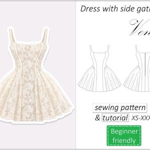 May include: Ivory lace dress with side gathers, featuring a square neckline and spaghetti straps. The image includes a sewing pattern and tutorial for sizes XS-XXXL, labeled "Beginner friendly". The dress design is called "Venice".