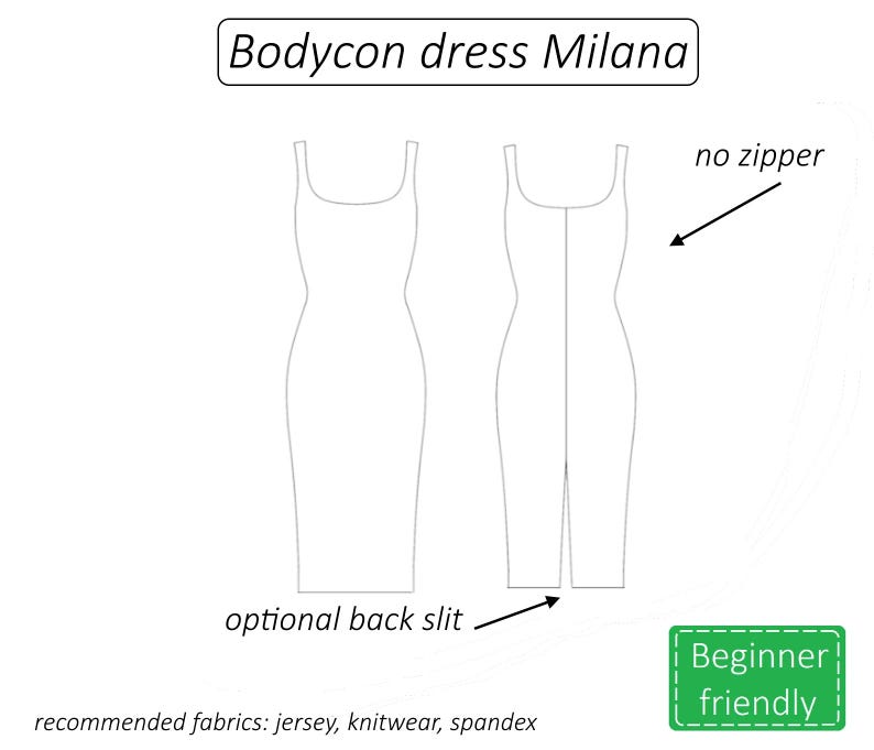 May include: Line drawing of a bodycon dress pattern called "Milana". The dress has a simple, fitted silhouette with a scoop neckline and no zipper. It features an optional back slit and is recommended for fabrics like jersey, knitwear, and spandex. The text "Beginner friendly" is also included.
