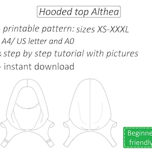 May include: Line drawing of a hooded top pattern labelled "Hooded top Althea." The pattern includes sizes XS-XXXL, A4/US letter and AO formats, and a step-by-step tutorial. A green rectangle reads "Beginner friendly."