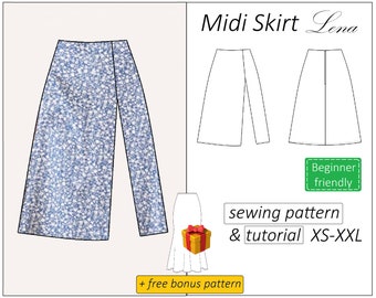 Skirt pattern Lena, flared midi skirt sewing pattern PDF for women, easy slit skirt with zipper  - instant download, sizes XS - XXL