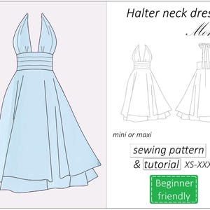 ホルターネックドレスのパターン モニカ、プロムオープンバックドレスの縫製パターン PDF、女性用ミニサマードレスのパターン - 即時ダウンロード、XS - XXXL