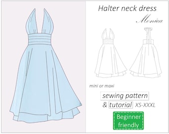Halter neck dress pattern Monica, prom open back dress sewing pattern PDF, mini summer dress pattern for women - instant download, XS - XXXL