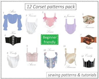 Set of 12 Corset patterns, corset top pattern, corset belt pattern PDF front lace, crop top bustier sewing pattern women - instant download