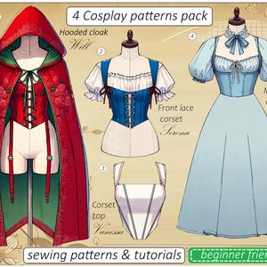 Könnte beinhalten: Vier Cosplay-Schnittmuster für einen Kapuzenumhang, ein Korsett mit Schnürung vorne, ein Korsett-Oberteil und ein Milchmädchenkleid. Die Schnittmuster sind anfängerfreundlich und beinhalten Näh-Anleitungen.