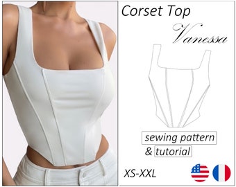 Corset top pattern Vanessa, corset pattern PDF, crop top bustier sewing pattern - instant download, sizes XS - XXL (English, Français)