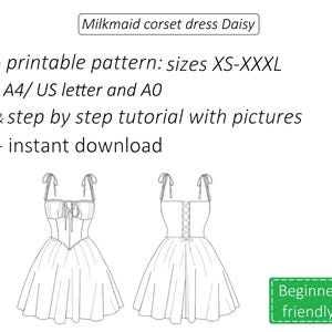 May include: A line drawing of a corset dress pattern, labelled "Milkmaid corset dress Daisy." The pattern includes sizes XS-XXXL, A4/US letter and AO formats, and a step-by-step tutorial. A "Beginner friendly" badge is also included.